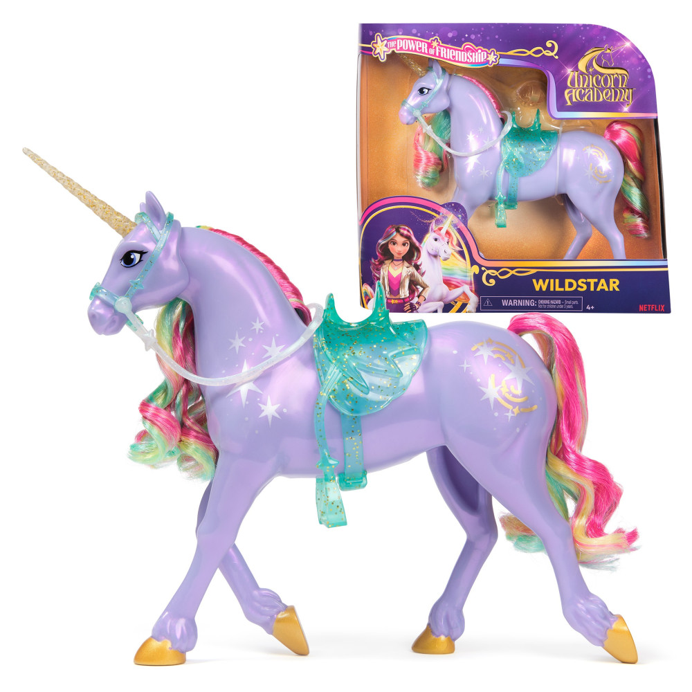 Unicorn Academy , Wildstar Power of Friendship con sella e briglia semitrasparenti, 28 cm, bambole e unicorni giocattolo per bam