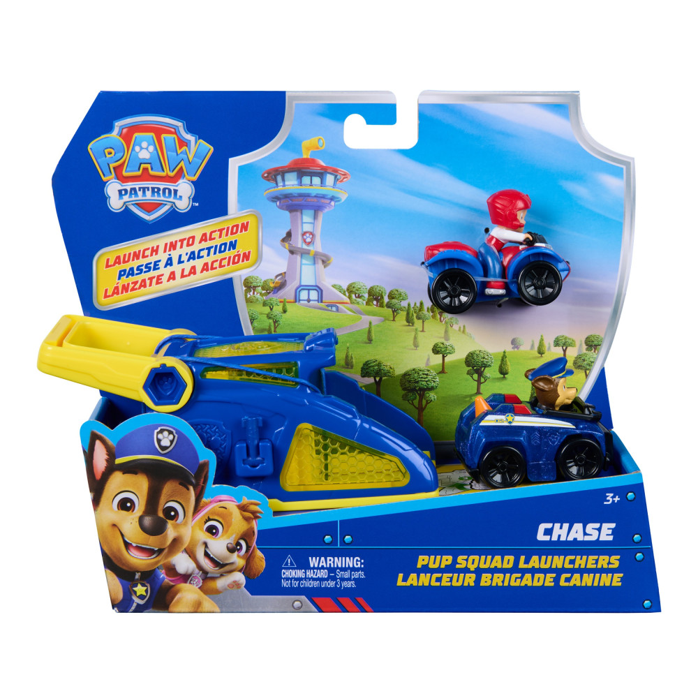PAW Patrol , lanciatori Pup Squad di Chase con Ryder, confezione da 2 veicoli, giocattoli per bambini e bambine dai 3 anni in su