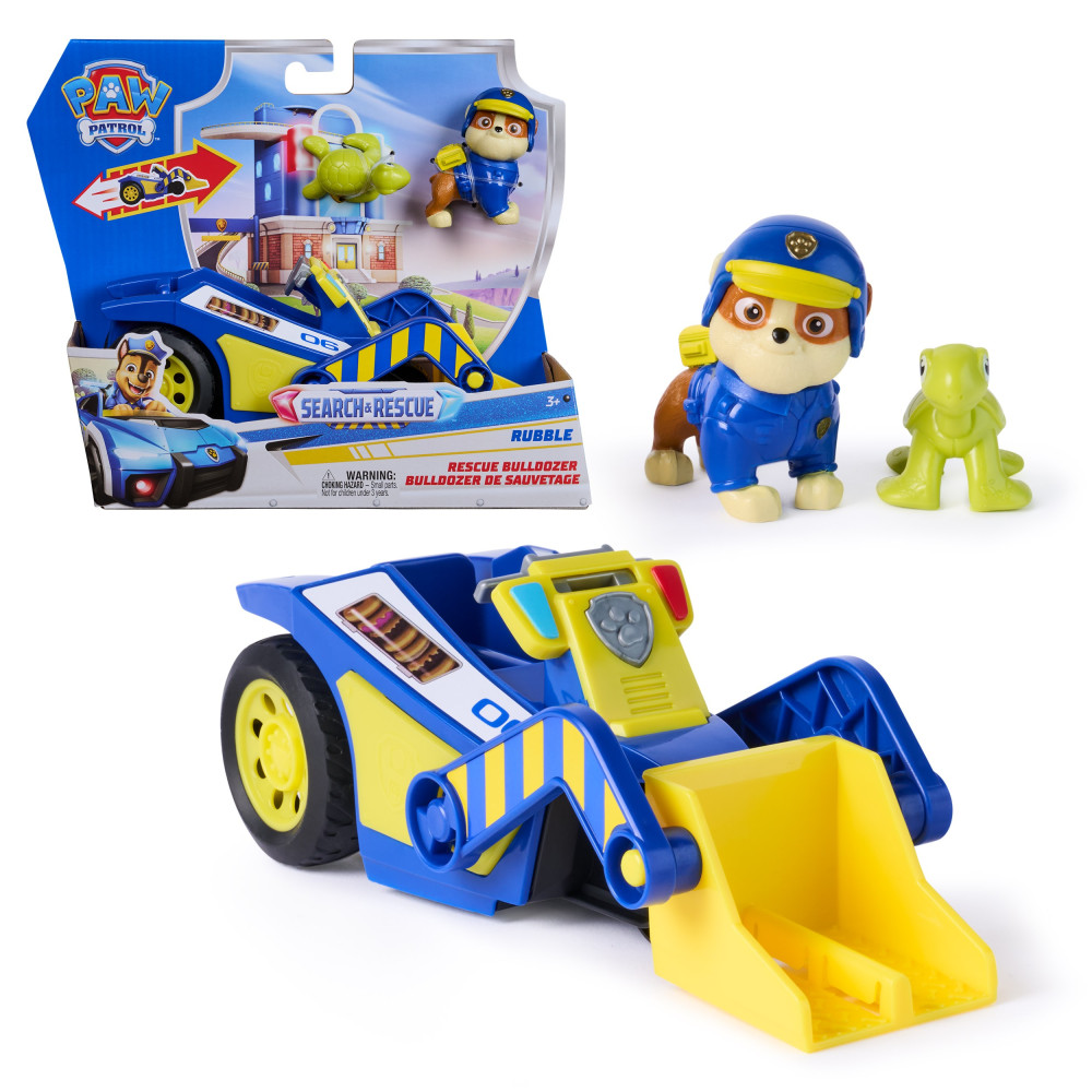 PAW Patrol : Search & Rescue, Bulldozer di Salvataggio di Rubble con 2 Personaggi, Auto della Polizia Giocattolo a Retrocarica, 