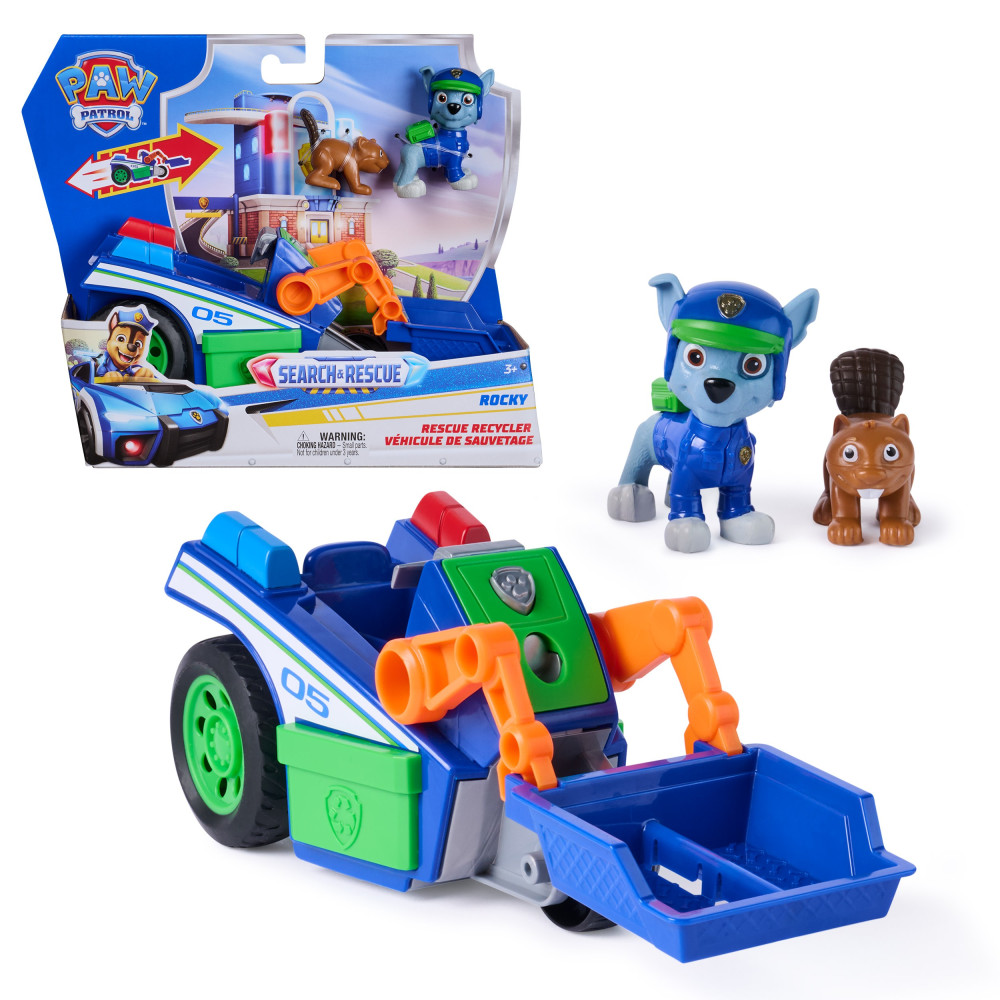 PAW Patrol : Search & Rescue, Veicolo per la Raccolta Differenziata di Salvataggio di Rocky con 2 Personaggi, Macchinina Giocatt