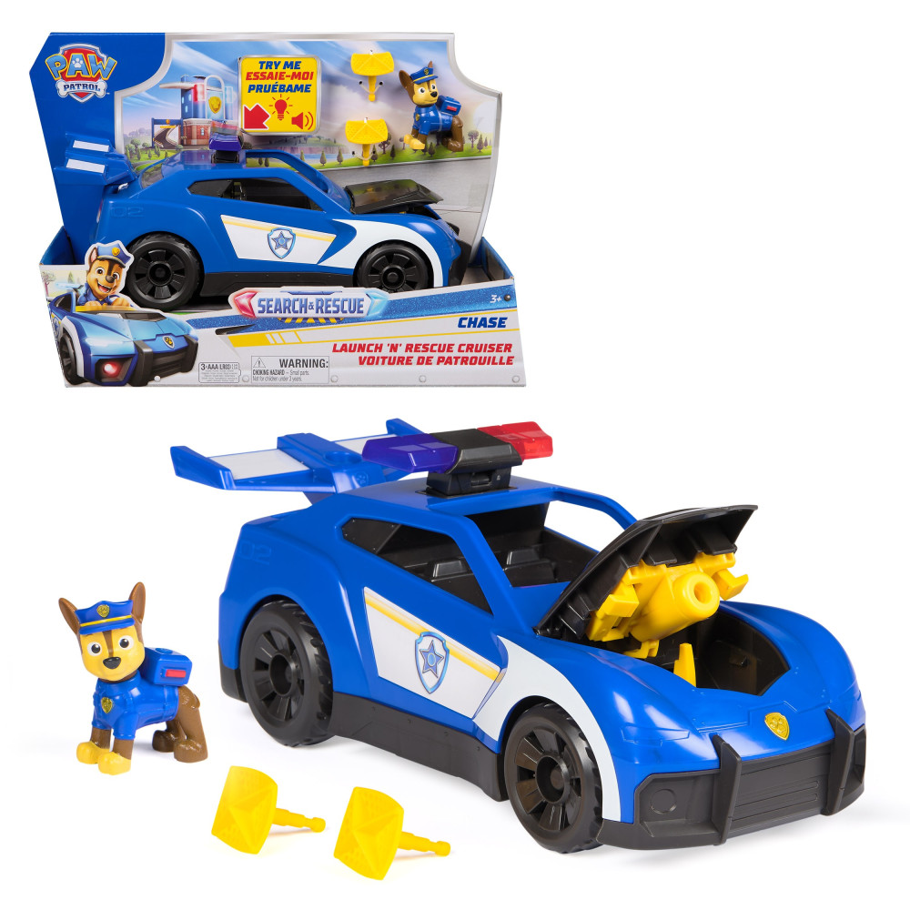PAW Patrol : Search & Rescue, Auto della Polizia di Chase con Personaggio e 2 Proiettili, Luci, Suoni e Lanciatore Nascosto, Gio