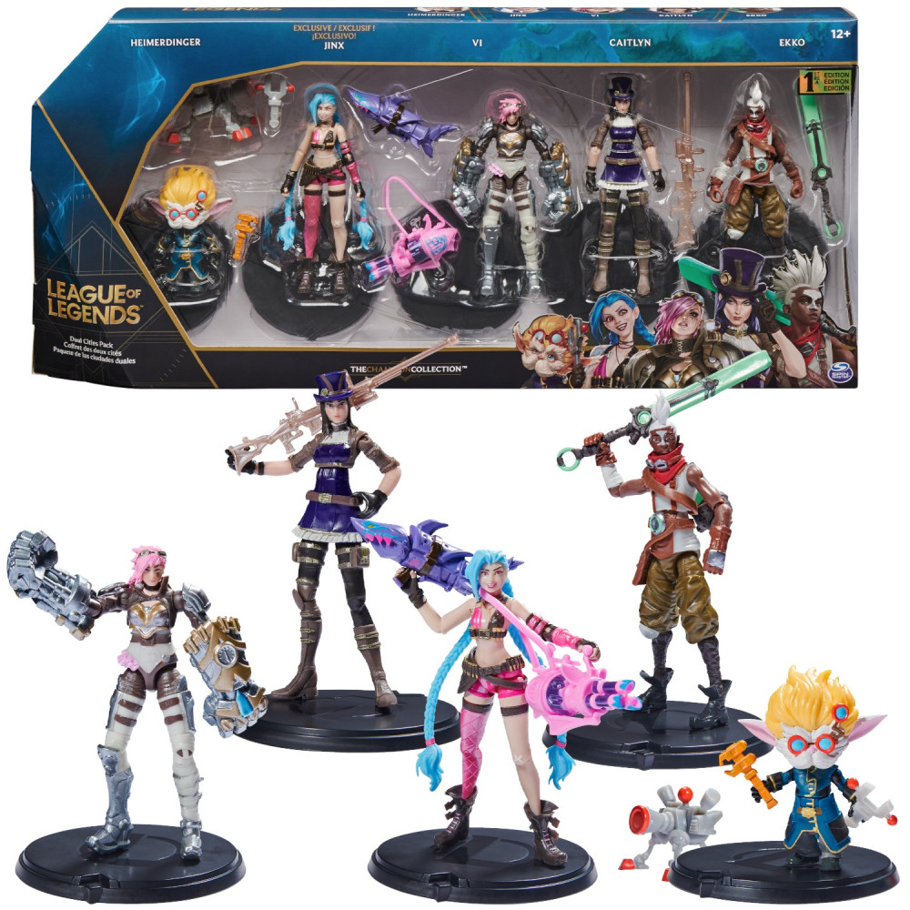 League of Legends , confezione Città gemelle con personaggi esclusivi Jinx, Heimerdinger, Vi, Caitlyn ed Ekko, personaggi collez