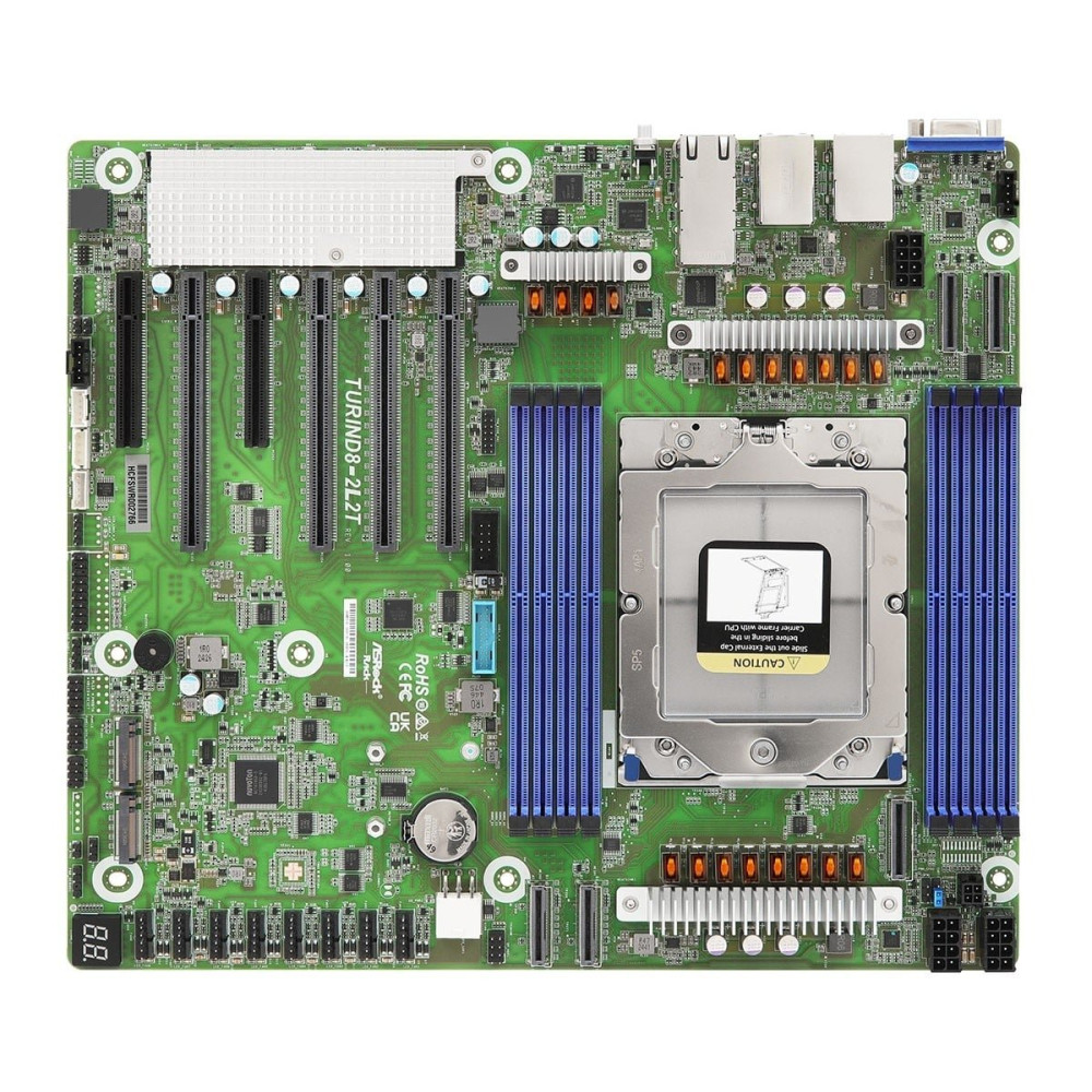 ASRock TURIND8-2L2T, 1xSKT, LGA 6096, AMD EPYC 9005, SoC, SATA, NVMe, 2xM.2, 2x10GbE, 2xGbE, IPMI