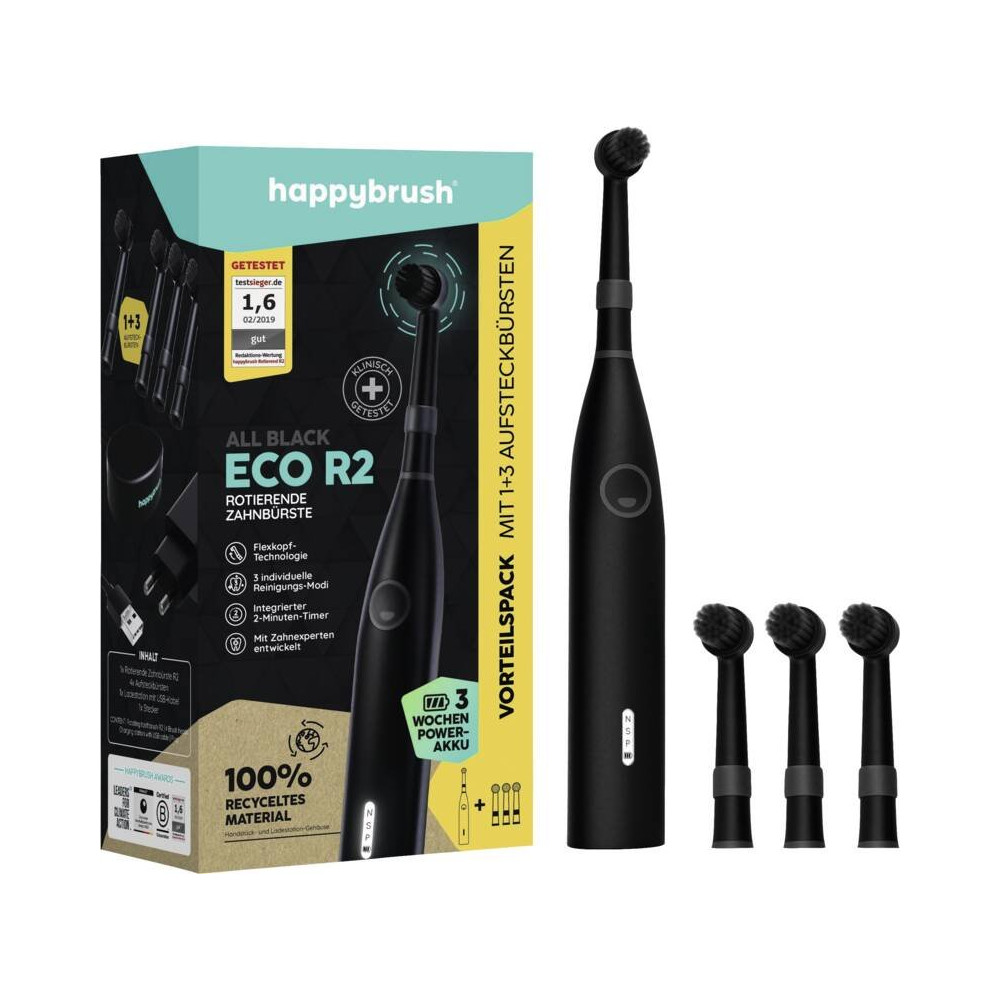 happybrush ECO R2 Allblack, Adulto, Spazzola elettrica a vibrazione, Pulizia profonda, Lucidatura, Sensitive, 8800 movimenti al 