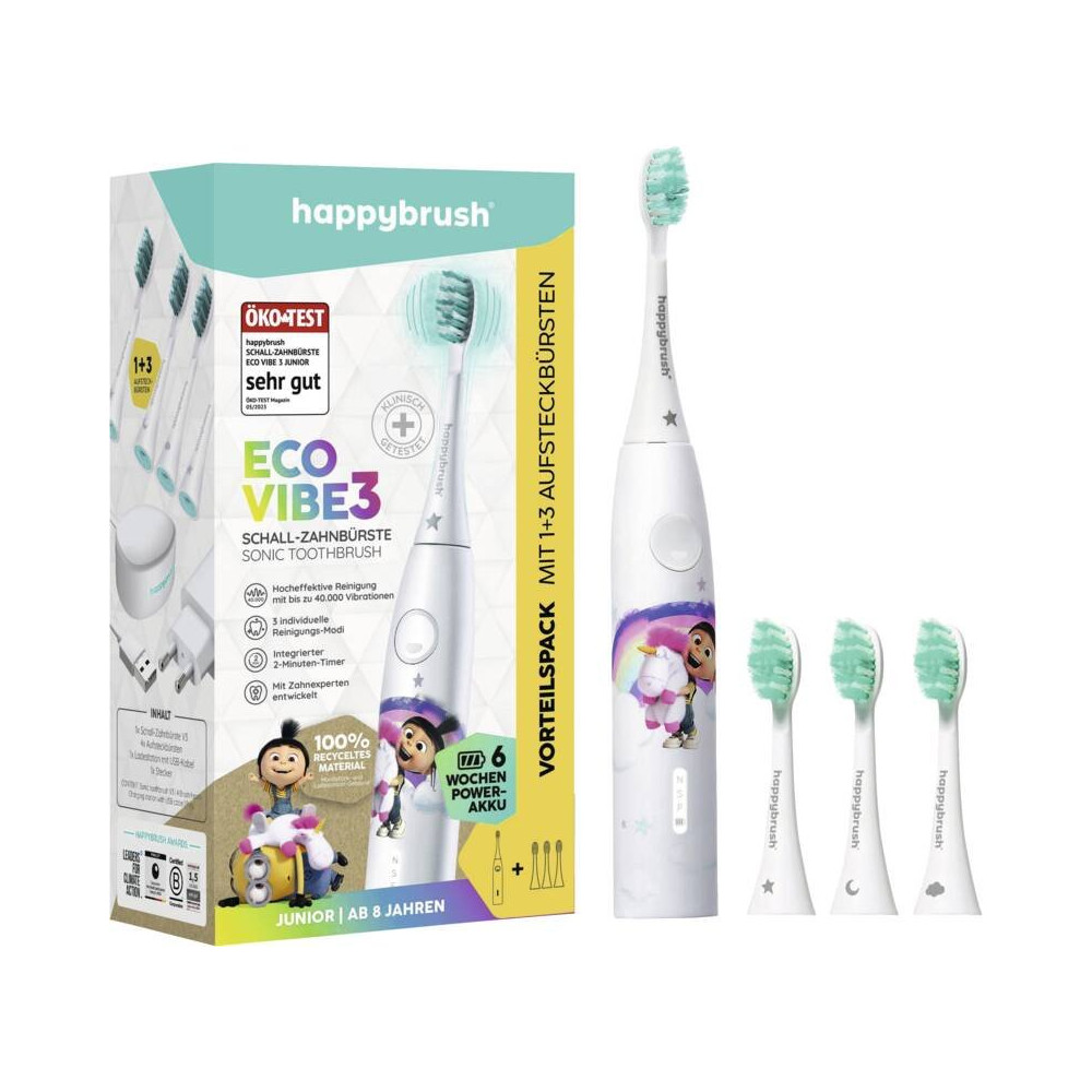 happybrush Eco vibe, Per bambini, Scalpellenta, Sensibile, Super sensibile, 40000 movimenti al minuto, Bianco, Batteria