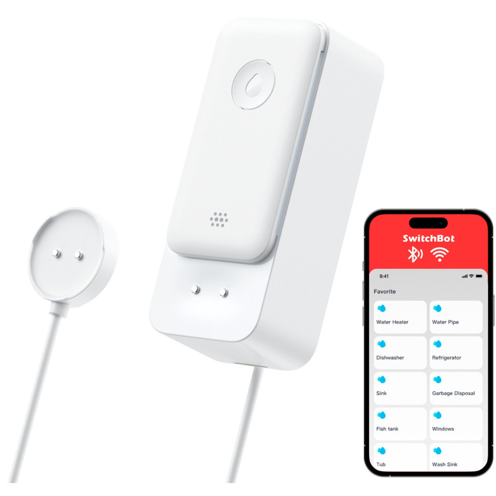 SwitchBot Rilevatore di acqua WLAN con cavo sensore, Segnalatore d'acqua