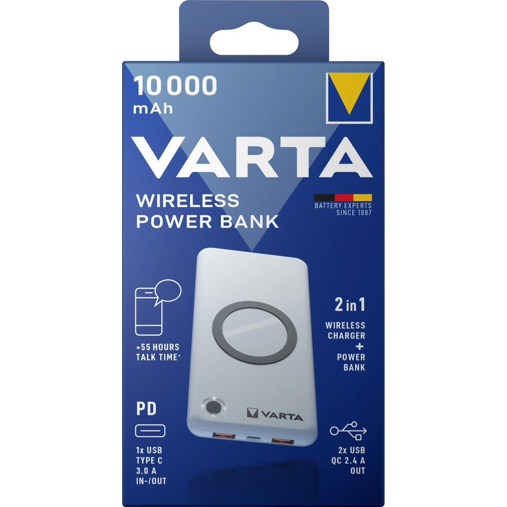 VARTA 57913 Polimeri di litio (LiPo) 10000 mAh Carica wireless Bianco, Powerbank
